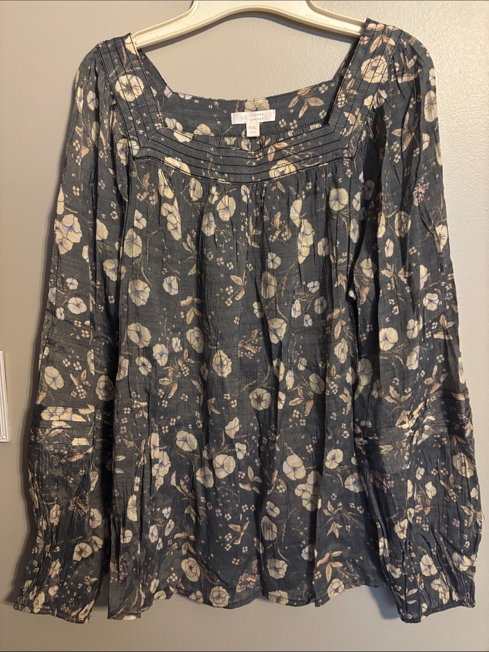 LC Lauren Conrad dark gray Floral Pintuck Square-Neck Blouse
